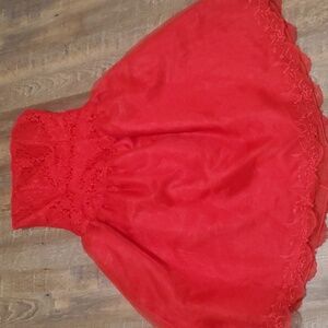 DAZZLING RED FIT N FLARE GOWN STRAPLESS LACE OVERLAY FULL ZIP BACK EMBROIDERED